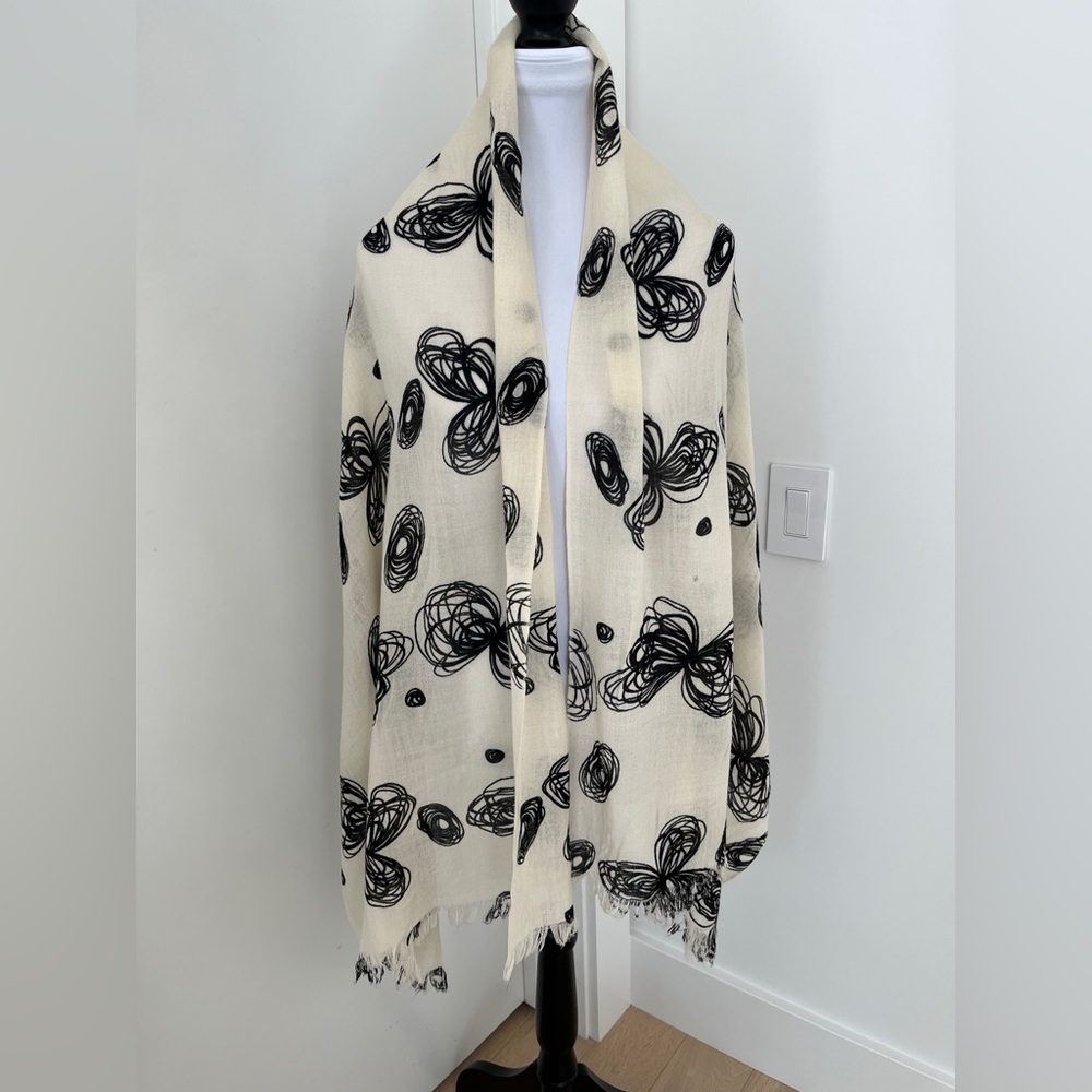 OVERSIZE Shawl Scarf Abstract Scribble Flower Pattern Short Fringe Travel Chic